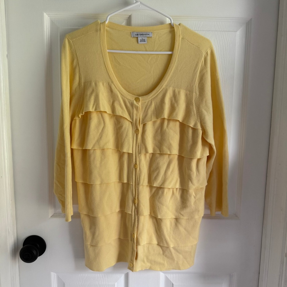 Liz Claiborne Yellow Ruffle Front Cardigan Sweater 3/4 Sleeve Large